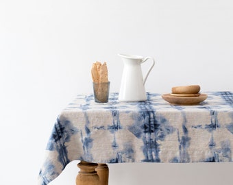 Tie Dye on Natural Washed Linen Tablecloth. Linen fabric tablecloth. Colorful print linen table decor.