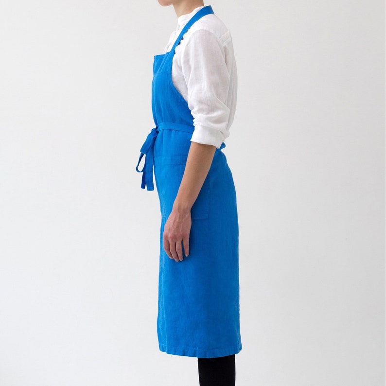 French Blue Washed Linen Chef Apron. Barista Linen Apron. Navy Linen