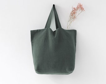 Forest Green linen big bag. Green Big Linen Bag. Linen Beach Bag. Reusable Eco Linen Shopping Bag