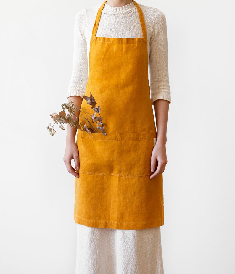 Yellow Linen Aprons for Women. Natural Linen Fabric. Stonewashed linen apron with front pocket. image 1