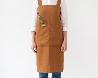 Hazelnut Linen Pinafore Apron. Pinafore soft linen apron.  Zero Waste Gift Cross Back Apron. Brown linen apron for her.