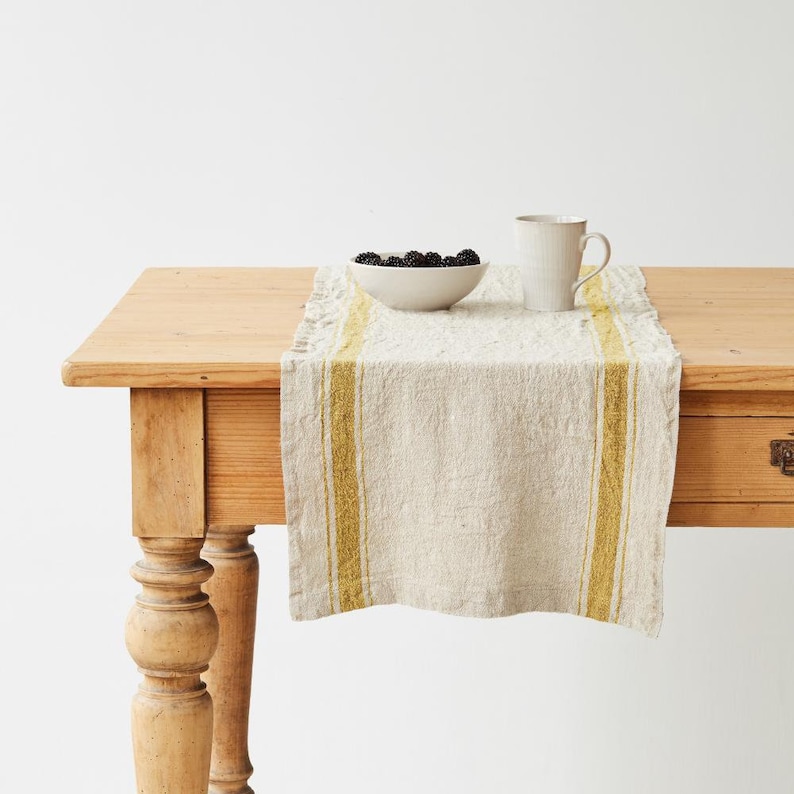 Vintage Mustard Stripe Washed Linen Table Runner. Natural stonewashed linen table runner. image 1