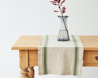 Green Stripe Vintage Linen Table Runner. Green stonewashed linen table runner. Natural linen table decor.