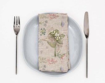 Botany Print Linen Napkins. Set of 2 napkins. Natural stonewashed linen napkin set. Linen napkins with Floral print.