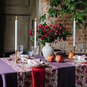 Linen table runner. Fuchsia Flowers on Natural Linen Table Runner. Natural stonewashed linen table runner. Washed soft linen table runner. image 2