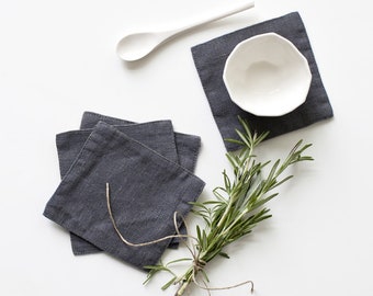 Set of 4 Dark Grey Washed Linen Coasters. Stone washed linen coasters. Square Cups and mugs linen coaster. Drink coasters.