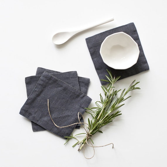 Set of 4 Dark Grey Washed Linen Coasters. Stone Washed Linen