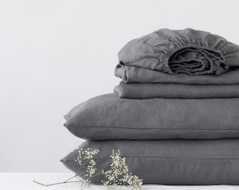 Linen sheet set in Dark Grey color. Softened linen sheets. Stone Washed linen. Fitted sheet, flat sheet, pillowcase. Linen bedding set