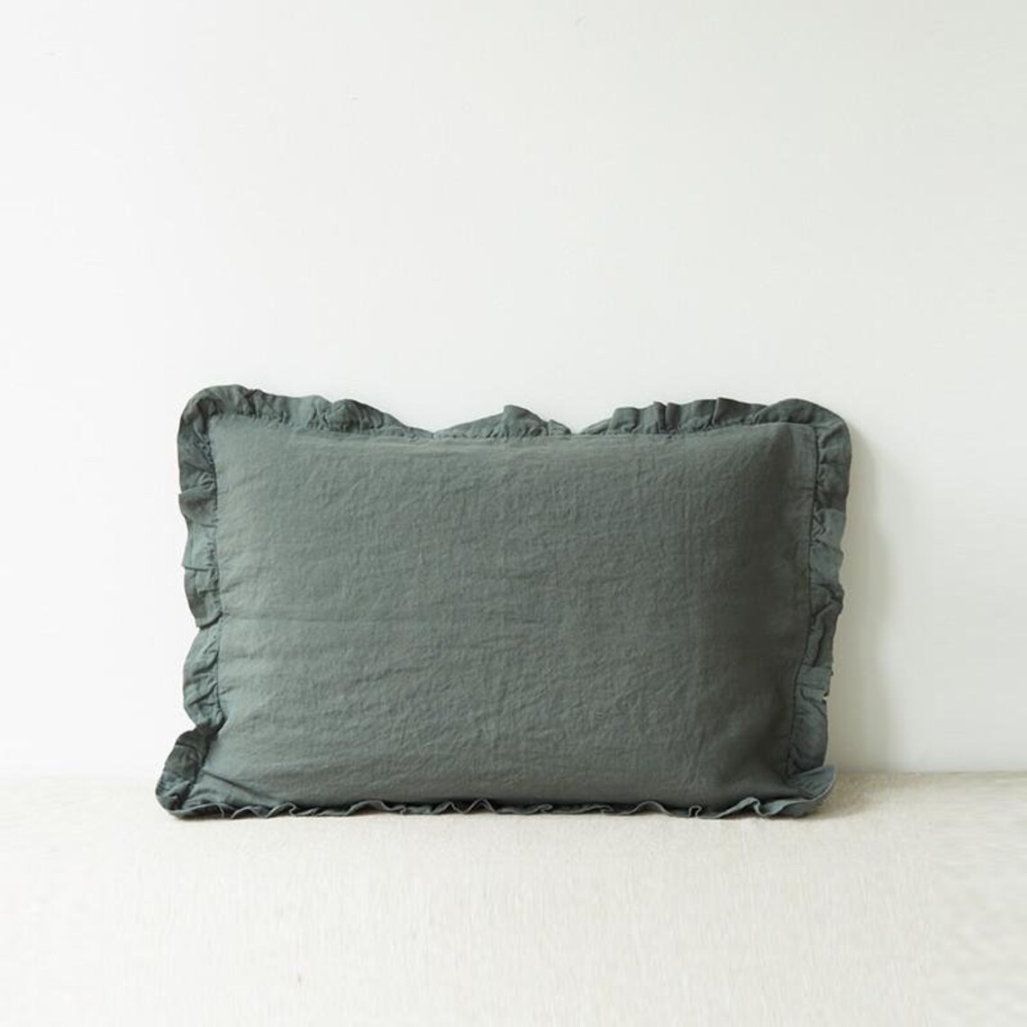 Forest Green Linen Pillowcase With Frills. Dark Green Linen Pillow Case. Rustic Linen Shams