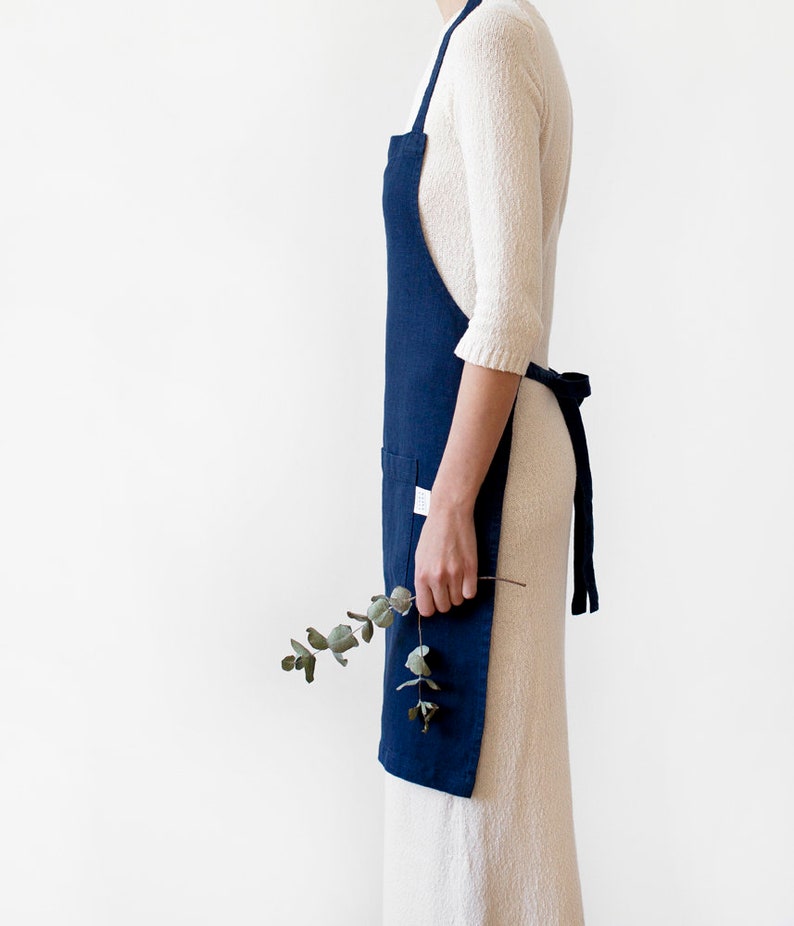 Work Colleague Gift Christmas Apron. Navy Linen Apron for Women Holiday Apron for Men