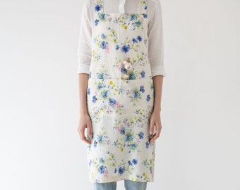 Natural Vintage Decorative Washed Linen Crossback apron - Flowers. Linen apron. Vintage Apron for Women.
