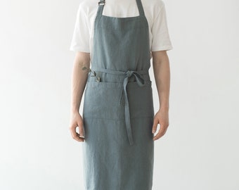 Stonewashed Blue Linen Chef Apron. Navy linen apron. Barista linen apron. Flax Apron for Men & Women.