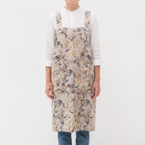 Linen Pinafore Apron. Meadow on Natural Linen Pinafore Apron. Japanese Apron. Colorful linen apron. Linen pinafore apron for women. image 2