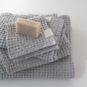 Light Grey Honeycomb Waffle Linen Towel. Highly absorbent natural waffle linen bath towel. Softened linen waffle towel for sauna and bath. image 8