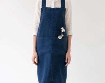 Navy color Crossback Apron. Natural linen apron.  Soft linen kitchen apron for women and man. Teacher apron.