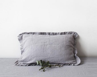 Light Grey Linen Pillowcase with Frills. Grey Linen pillow case. Rustic linen shams. Linen pillowcase with ruffles.