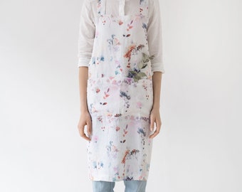 Natural Vintage Decorative Washed Linen Crossback apron - Watercolour. Linen apron. Vintage Apron for Women.