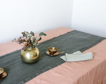 Forest Green Linen Fall Table Runner. Scandinavian Style Table Runner. Rustic Wedding Long Table Runner.