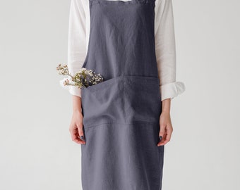 Washed linen Crossback Apron in Dark Grey. Natural linen apron. Washed linen apron for cooking, gardening, workshops. Barista apron.