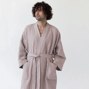 Powder Honeycomb Waffle Linen Bathrobe. Waffle linen oversized robe. Unisex linen robe. Stonewashed linen bathrobes. image 1
