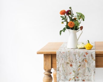 Leaves on Natural Washed Linen Table Runner. Natural stonewashed linen table runner. Fall wedding decorations.