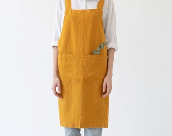 Yellow linen apron. Washed linen apron for cooking, gardening. Barista apron. Natural Linen apron. Linen Apron for autumn.