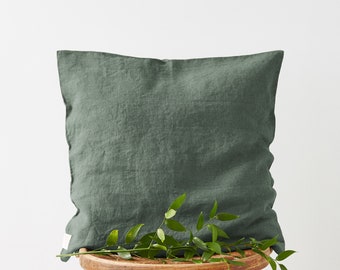 Green Linen Cushion Cover. Dark Green Linen Pillow Case.Cushion cover with zipper. Linen cushion pillow case 20" x 20". Couch cushion cover.