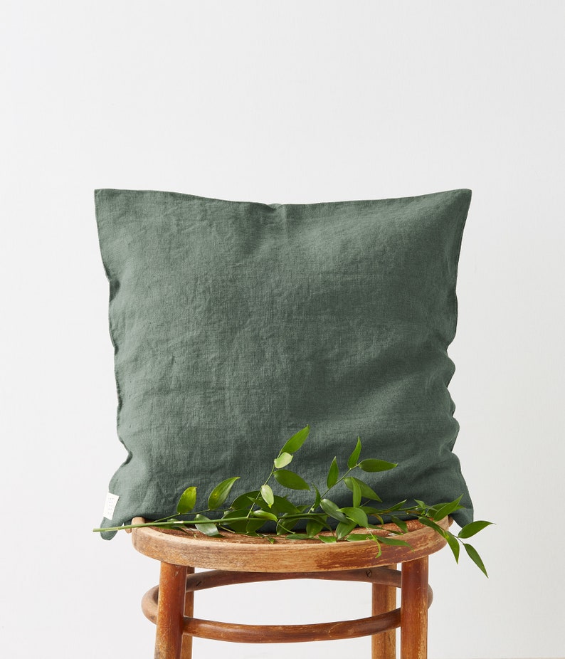 Forest Green Linen Decorative Cushion Cover, Natural Linen Pillow Cover, Soft Linen Bed Pillow, Linen Decorative Pillow Case image 1