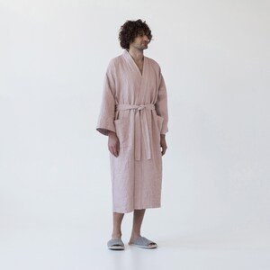 Powder Honeycomb Waffle Linen Bathrobe. Waffle linen oversized robe. Unisex linen robe. Stonewashed linen bathrobes. image 7