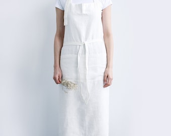 White Linen Chef Apron. Stonewashed linen apron. White linen apron for her.