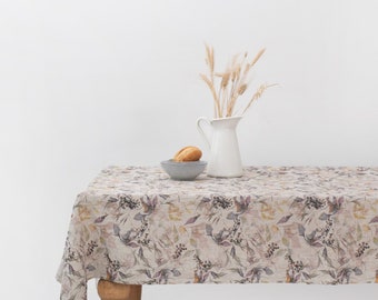 Meadow on Natural Linen Tablecloth. Square, rectangular table linens. Tablecloth with edge made of prewashed linen.