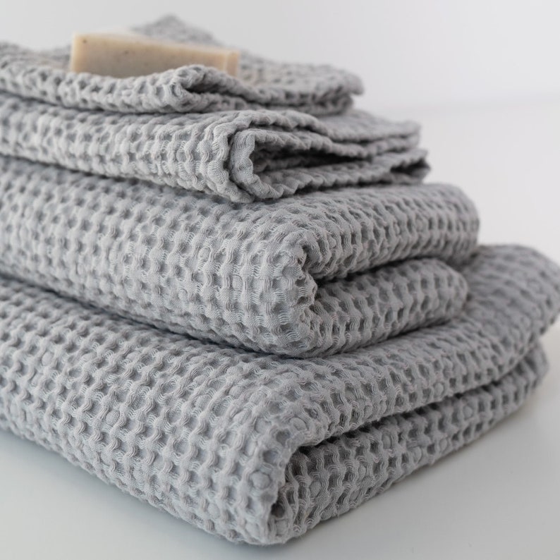 Light Grey Honeycomb Waffle Linen Towel. Highly absorbent natural waffle linen bath towel. Softened linen waffle towel for sauna and bath. image 2