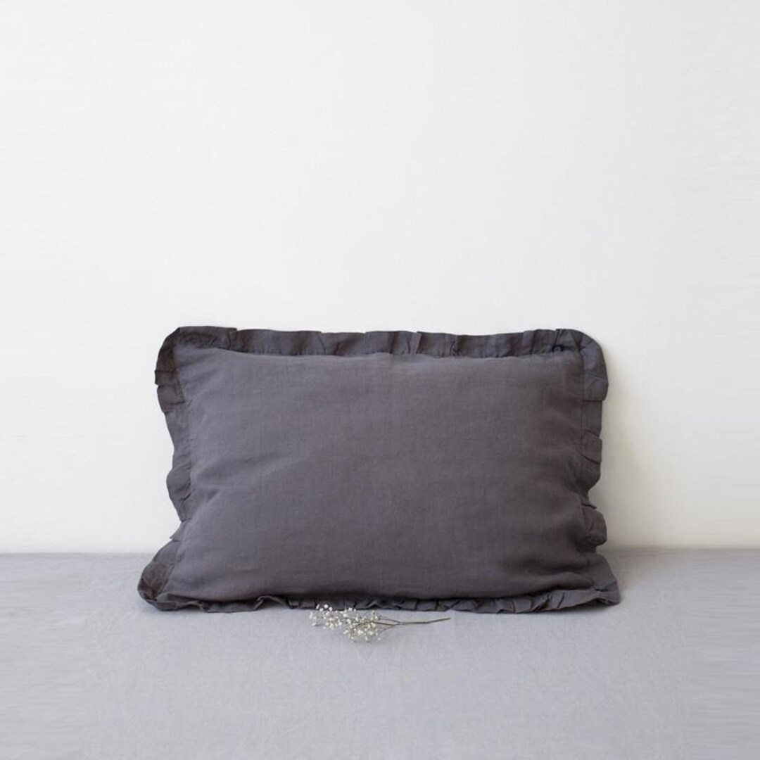 Dark Grey Linen Pillowcase With Frills. Grey Linen Pillow Etsy