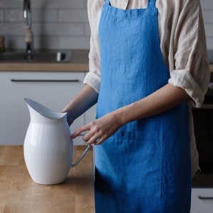 French Blue Washed Linen Apron. Natural Linen Fabric. Stonewashed linen apron with front pocket.