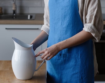 French Blue Washed Linen Apron. Natural Linen Fabric. Stonewashed linen apron with front pocket.