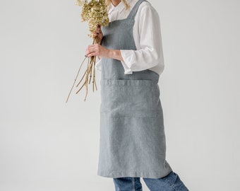 Blue Crossback Apron. Full apron for women and men. Stonewashed linen apron. Natural linen apron for gardening. Housewarming gift.