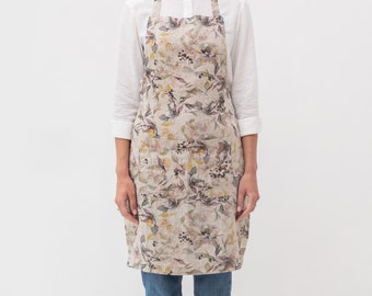 Meadow on Natural Linen Daily Apron. Traditional 100% linen apron. Apron for cooking. Full apron with pockets.