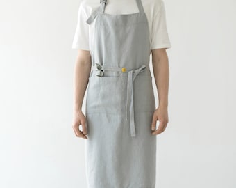 Light Grey Chef Apron. Barista apron. Washed linen apron for cooking, gardening. Natural linen apron.