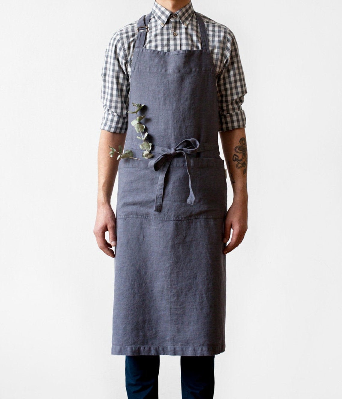 Dark Grey Linen Chef Apron. Mens Apron With Pockets. Barber Etsy