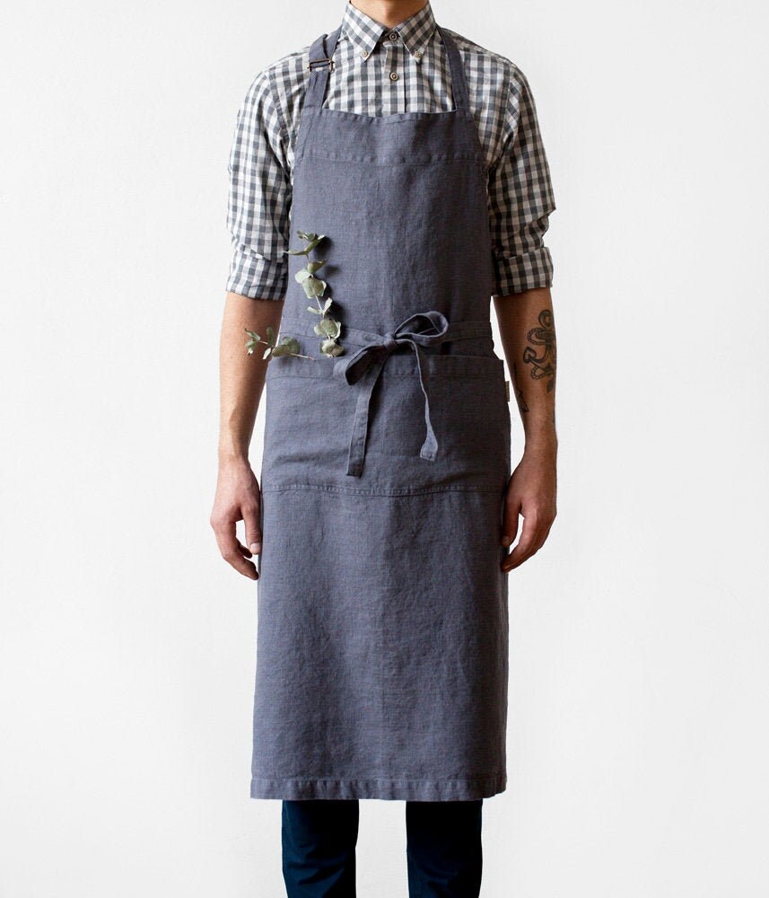 Dark Grey Linen Chef Apron. Mens Apron With Pockets. Barber Etsy