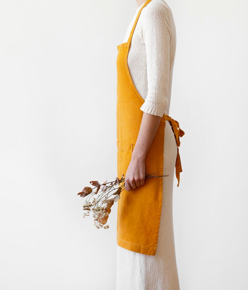 Yellow Linen Aprons for Women. Natural Linen Fabric. Stonewashed linen apron with front pocket. image 2