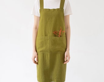 Moss Green Crossback Apron. Full linen apron. Linen apron with pockets. Natural Linen barista apron. Art Apron.