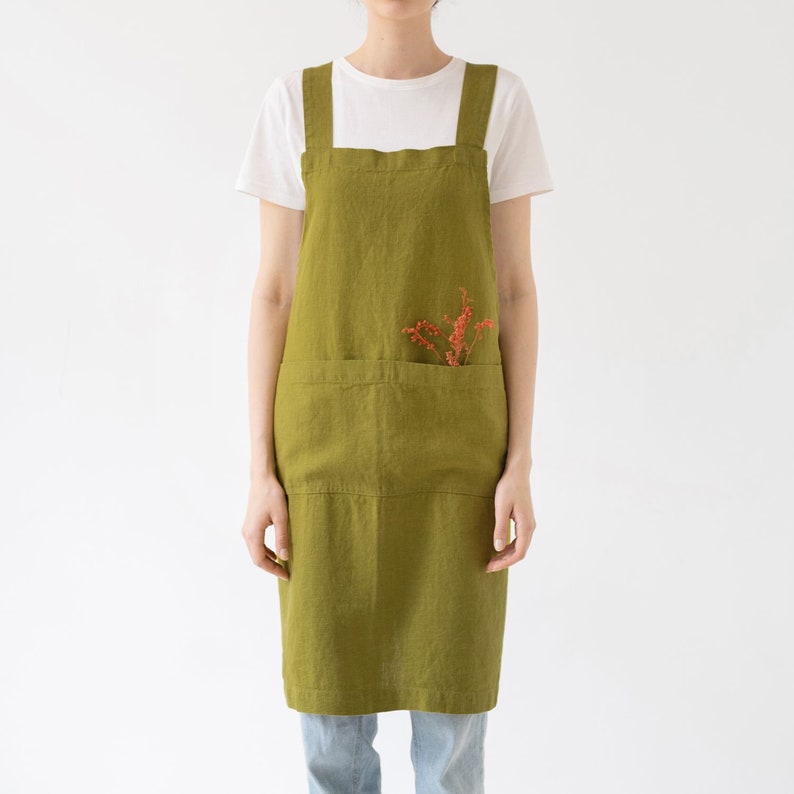 Moss Green Crossback Apron. Full linen apron. Linen apron with pockets. Natural Linen barista apron. Art Apron. image 1