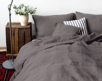 Linen duvet cover set in Dark Grey. Linen Duvet Cover & Linen Pillowcase. Bedding set Queen. Dark duvet cover.