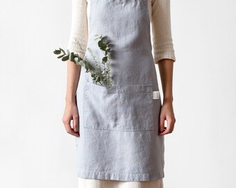 Light Grey Linen Apron for Women. Stonewashed linen apron. Natural Linen Apron. Basic Kitchen Apron. Softened linen Apron.