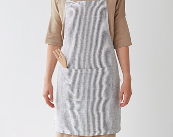 Decorative Black Stripes Full linen apron.  Washed Linen Apron. linen apron FOR Mom. Natural linen kitchen apron.