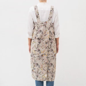 Linen Pinafore Apron. Meadow on Natural Linen Pinafore Apron. Japanese Apron. Colorful linen apron. Linen pinafore apron for women. image 3