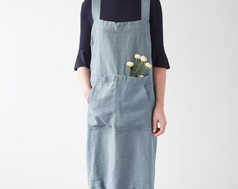 Blue Washed Linen Pinafore Apron. Linen Japanese apron. Natural linen apron. Barista apron. Gardening apron. Handmade apron.