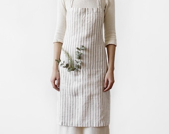 Natural White Stripe Washed Linen Apron. Linen daily apron. Vintage Apron for Women.