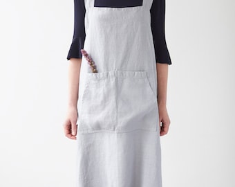 Light Grey linen Japanese Apron for Women. Pinafore Linen Apron for women with pockets.  Natural linen cross back apron.